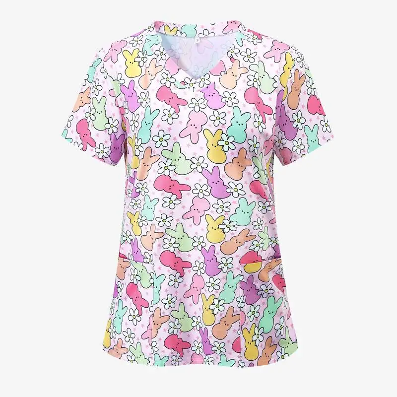 Uniforms Women Medical Cute Rabbit Cartoon Print Microstretch Obstetrics Nursing Top V-Neck Short Sleeve Clinical Uniforms Woman