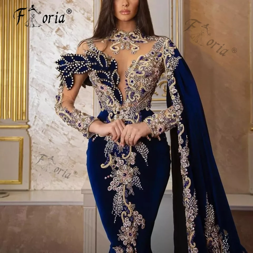 Vestidos de Noche de sirena de terciopelo con cuentas de cristal de lujo, azul real, costura, manga larga, apliques de Dubai, fiesta de graduación,