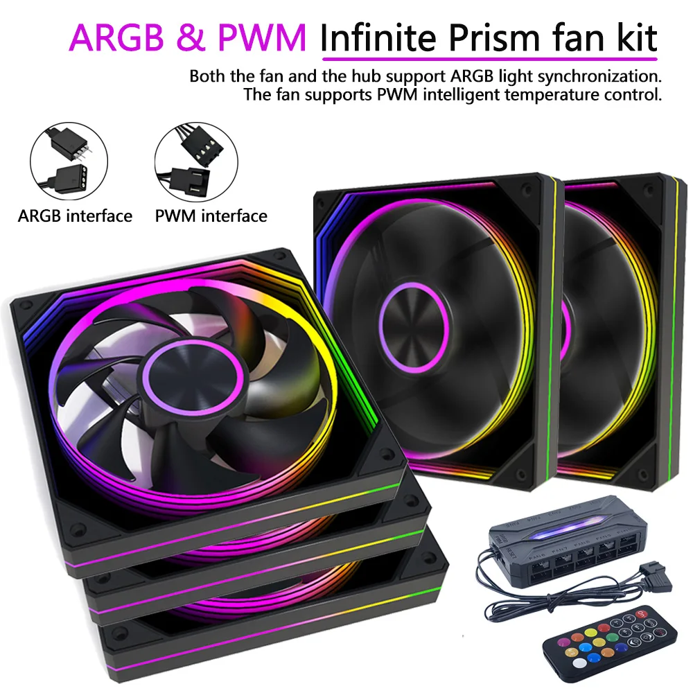 ARGB PWM PC Case Fan Kit, Infinite Mirror Prism Effect, Silent Cooling Fans with Hub & Remote, 5V 3Pin SYNC for Gaming Computer