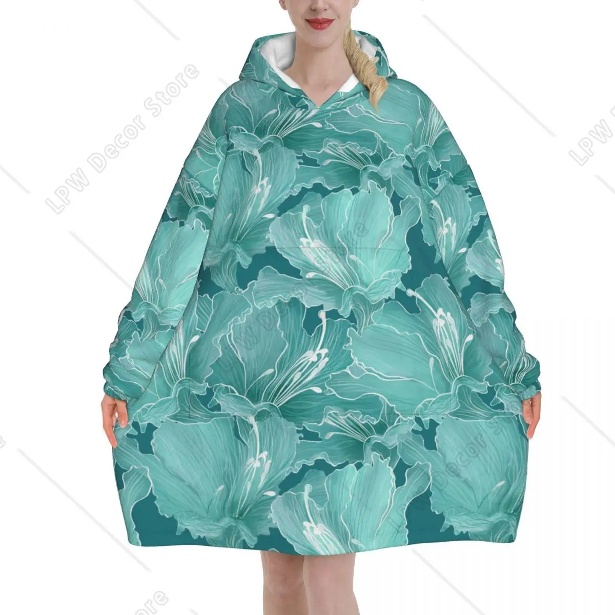 Turquoise Flowers Blanket Hoodie Wearable Teal Floral Aesthetic Blanket Large with Pocket Warm Sleeping Bag Soft Cozy Onesie