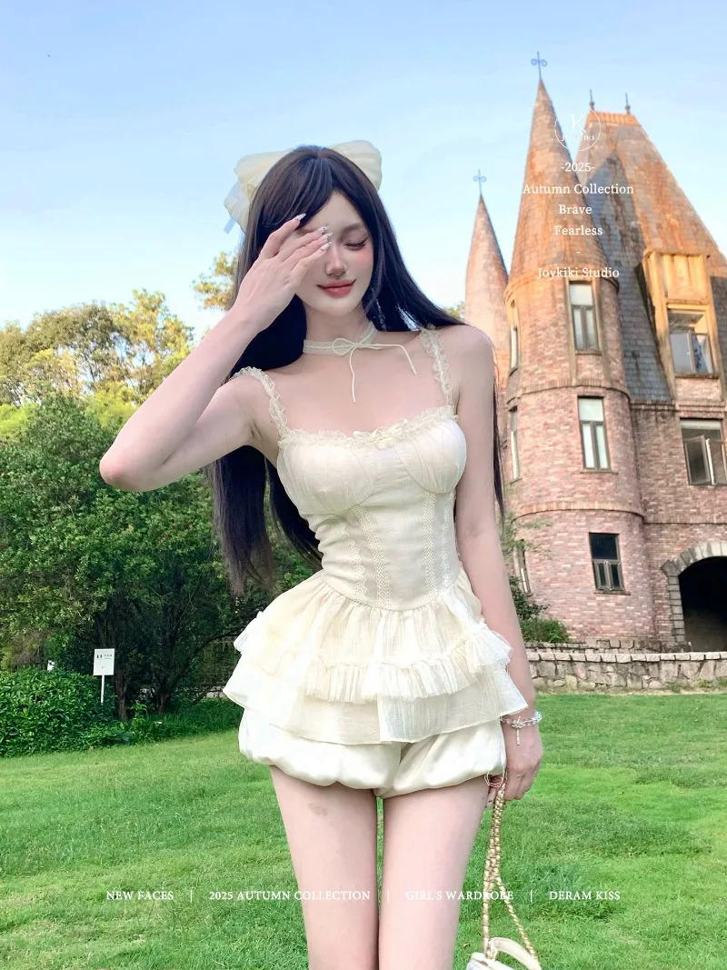 2025 Autumn Princess Style Lace Trim Slimming Camisoles Hot Girl Top And Shorts For Women's Kawaii Clothes Y2k Boat Neck Slings