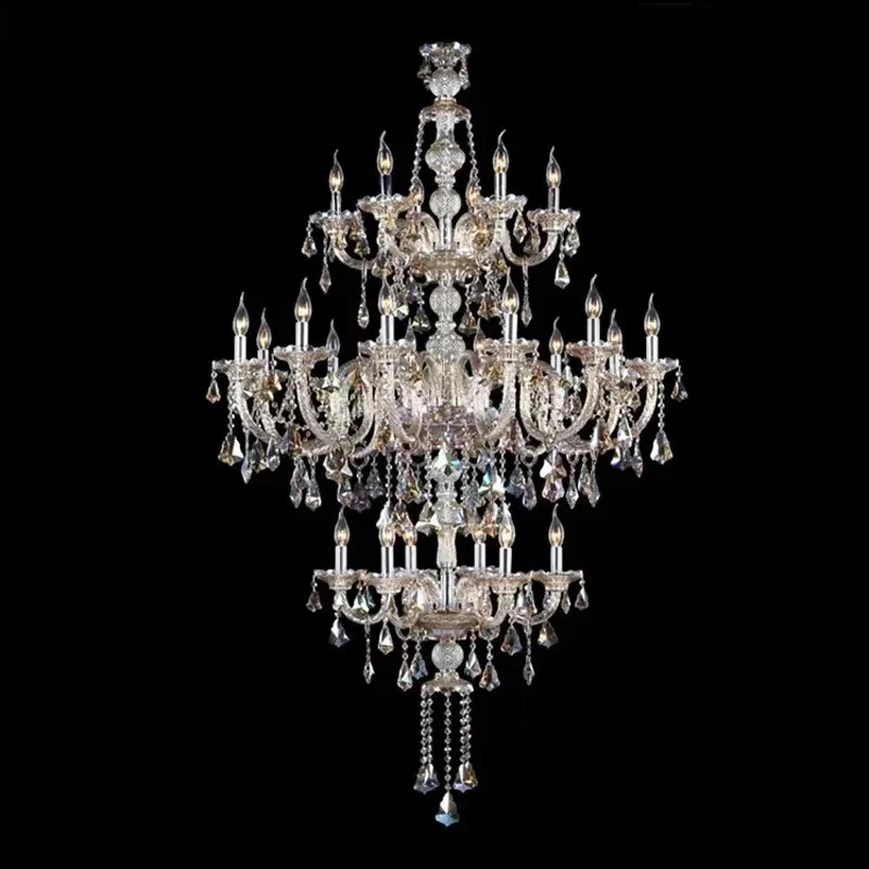 European Crystal Large Chandeliers Luxury Living Room Restaurant Villa 3 Layer Staircase Hotel Lobby Club Hanging Lamps Long