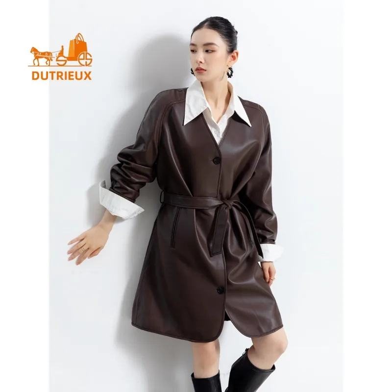 Giacca da donna in vera pelle con giacca a vento di media lunghezza semplice autunno e inverno, vera pelle di pecora al 100%, cappotto elegante alla moda da donna