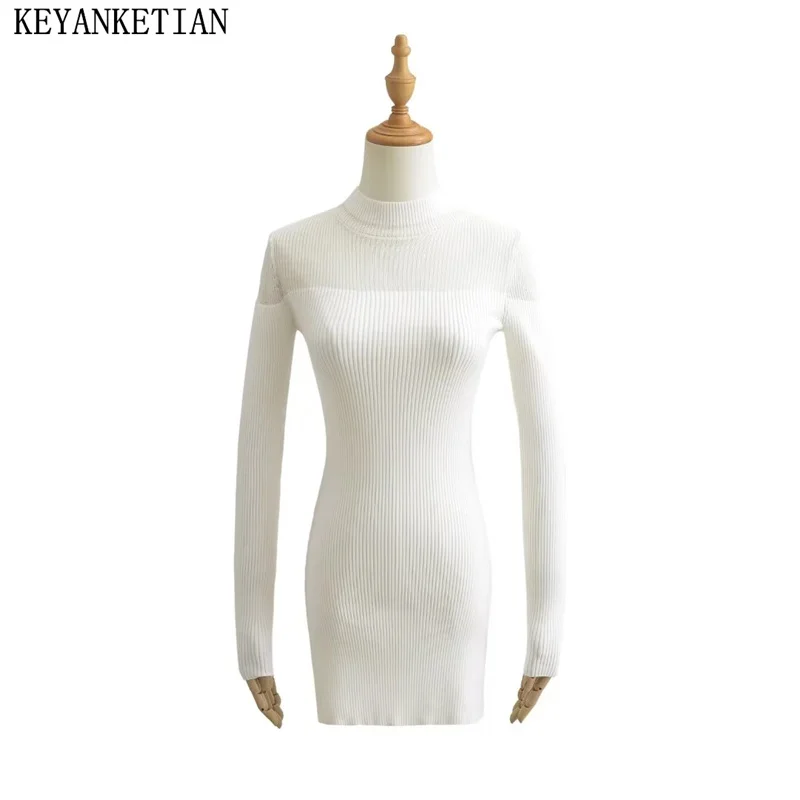 

KEYANKETIAN Autumn New Women's Tight Knit Dress Simply Sexy O-Neck Long Sleeve Solid Stretch Mini Skirt Female Slim Underskirt