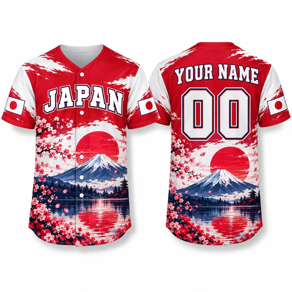 Personalized Japan Baseball Jersey Mount Fuji Sakura and Koi Prints Adult Shirts with Name Number and Flag Jerseys Shirt