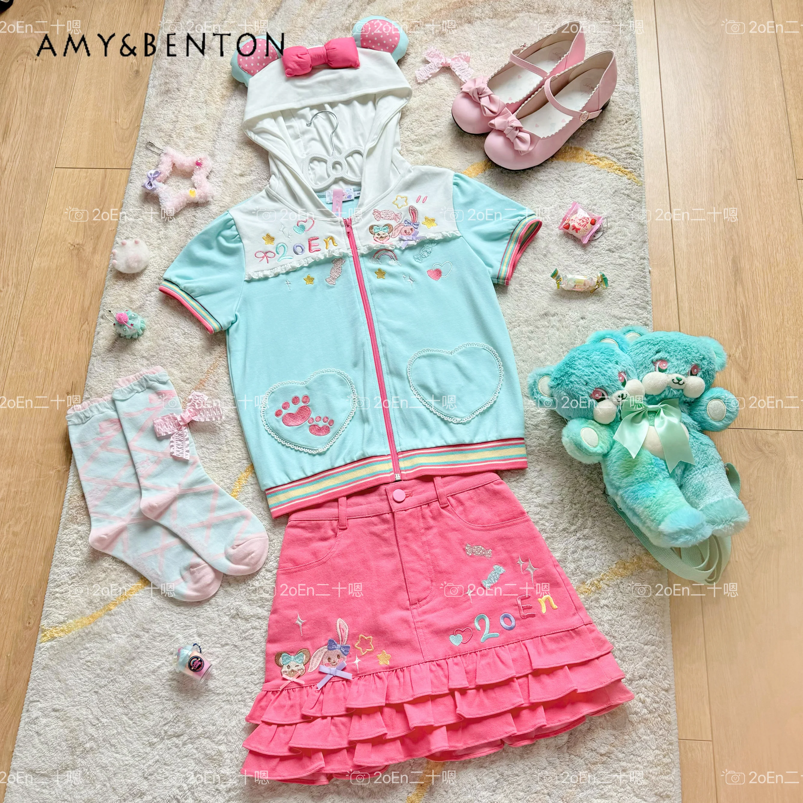 Kawaii Cartoon Embroidered Bow Hooded Short-sleeved Top Multi-layer Mini Skirt Two-piece Set Summer Y2K Dopamine Girl Skirt Sets