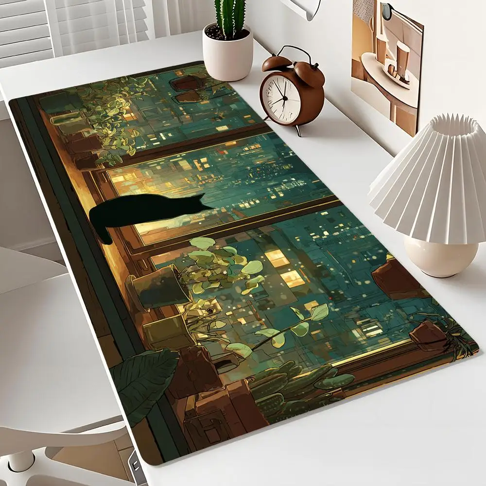 Дизайн с милым котом в мультяшном стиле, большой коврик для мыши в стиле аниме, настольный коврик с прошитыми краями, нескользящие игровые коврики, mauspad, офисный коврик