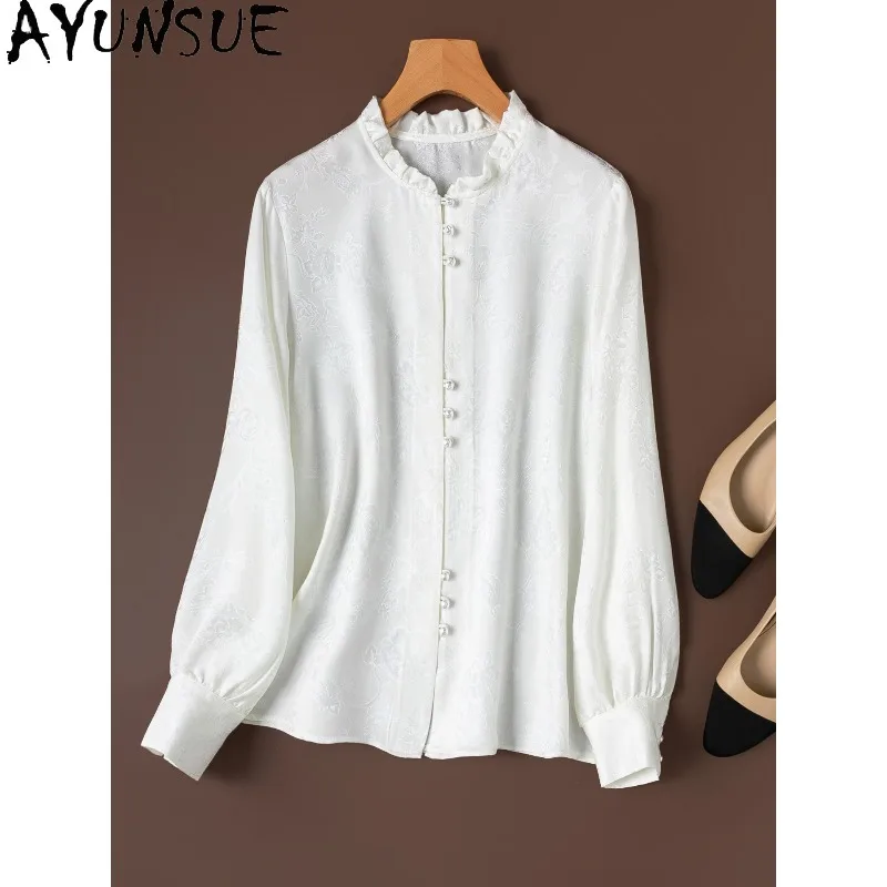 

AYUNSUE 100% Silk Women's Blouses and Shirts Elegant Long Sleeve Tops for Woman High Quality Blouse Woman Clothes Блузка Женская