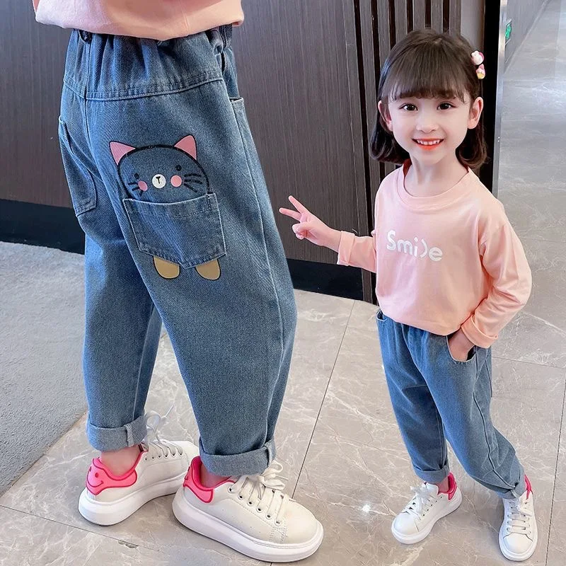 Girls Jean Pants Long Trousers Cotton 2024 Cartoon Spring Autumn Teenagers Baby's Kids Pants Outdoor High Quality Children's Clo