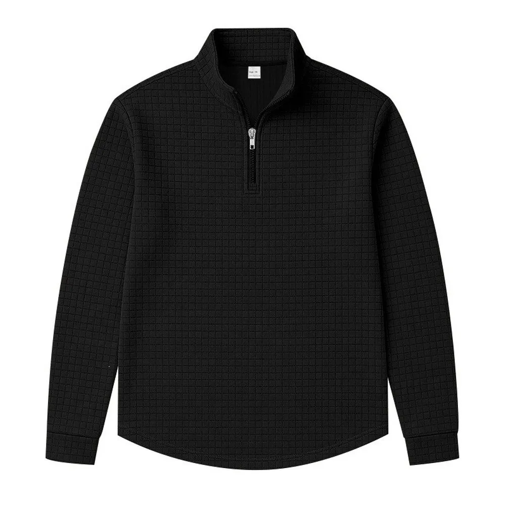 Long Sleeve Half Zip Pullover for Men Featuring Stand Collar Definition and Balanced Jacquard Checkered Layout