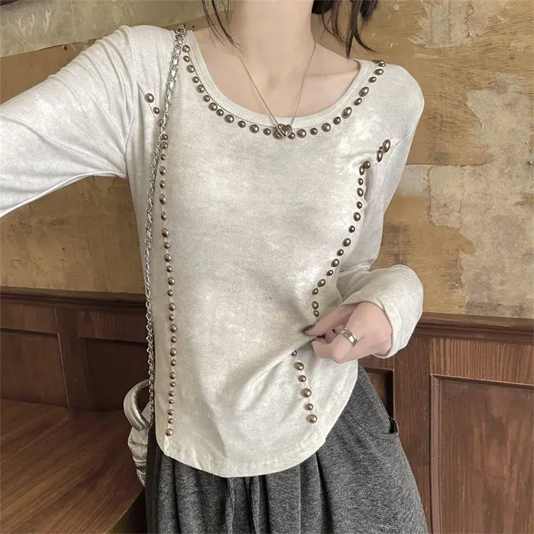 Sense Of Design Short T-Shirt Nail Bead Women High Street Spicy Girls Slim Fashion Long Sleeve All-Match Spring Chic Style New