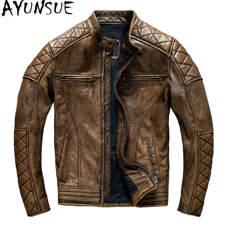 AYUNSUE Real Top Layer Cowhide Genuine Leather Jacket Men Clothing 2026 Slim Fit Stand Collar Distressed Motorcycle Jackets New