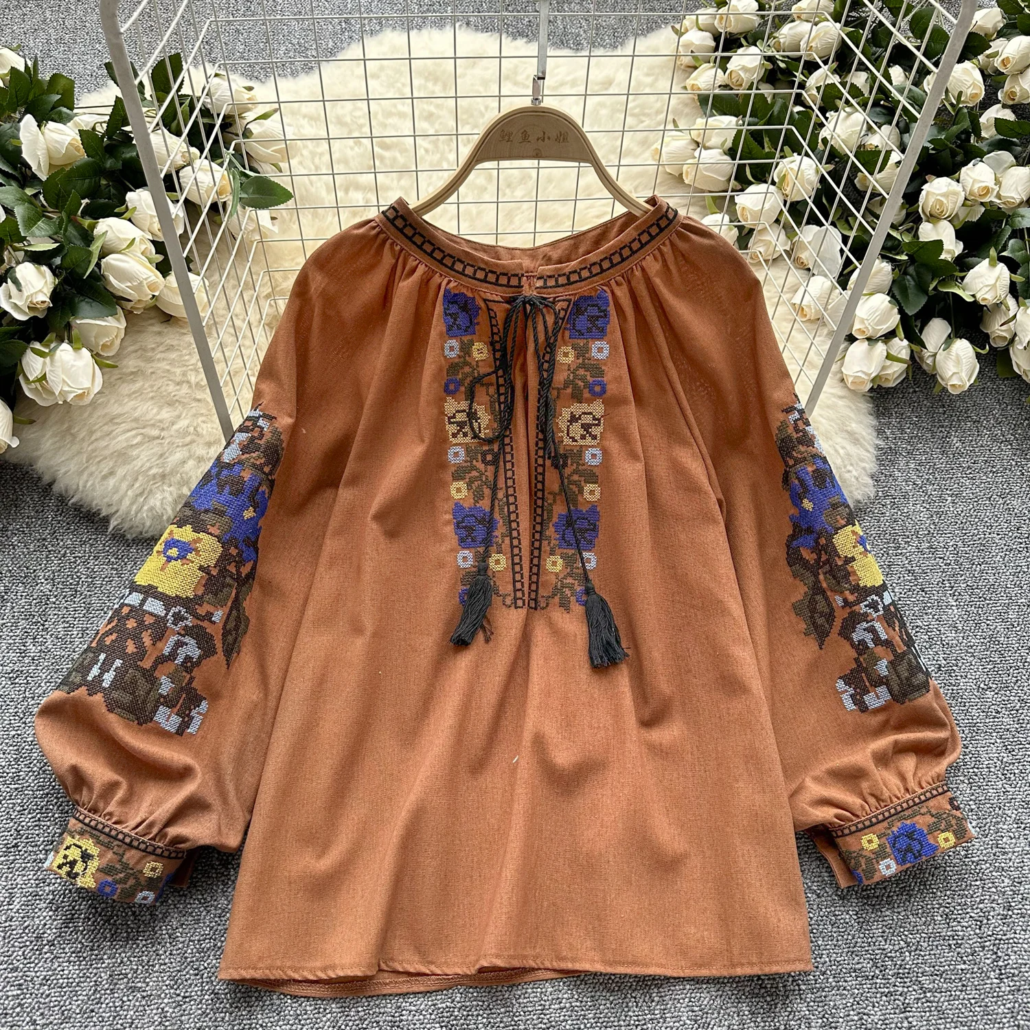 Vintage Elegant Embroidery sweet lool sleeve Lace-up Blouse Fashion loose  Shirt  Casual Chic Top Fairy  Summer Women