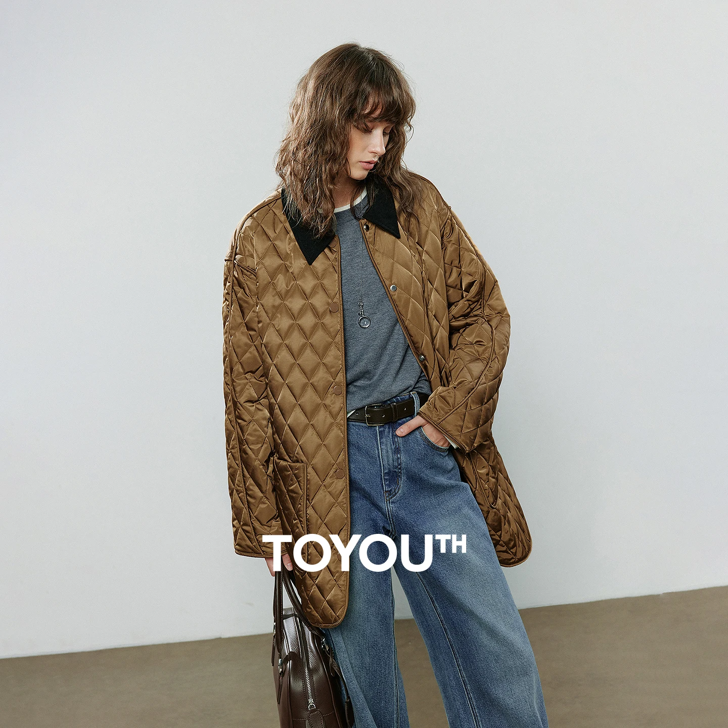 TOYOUTH Women Cotton Jacket 2025 Winter New Luxury Retro Diamond Grid Workwear Large Pocket Mid Length Jacket Brown