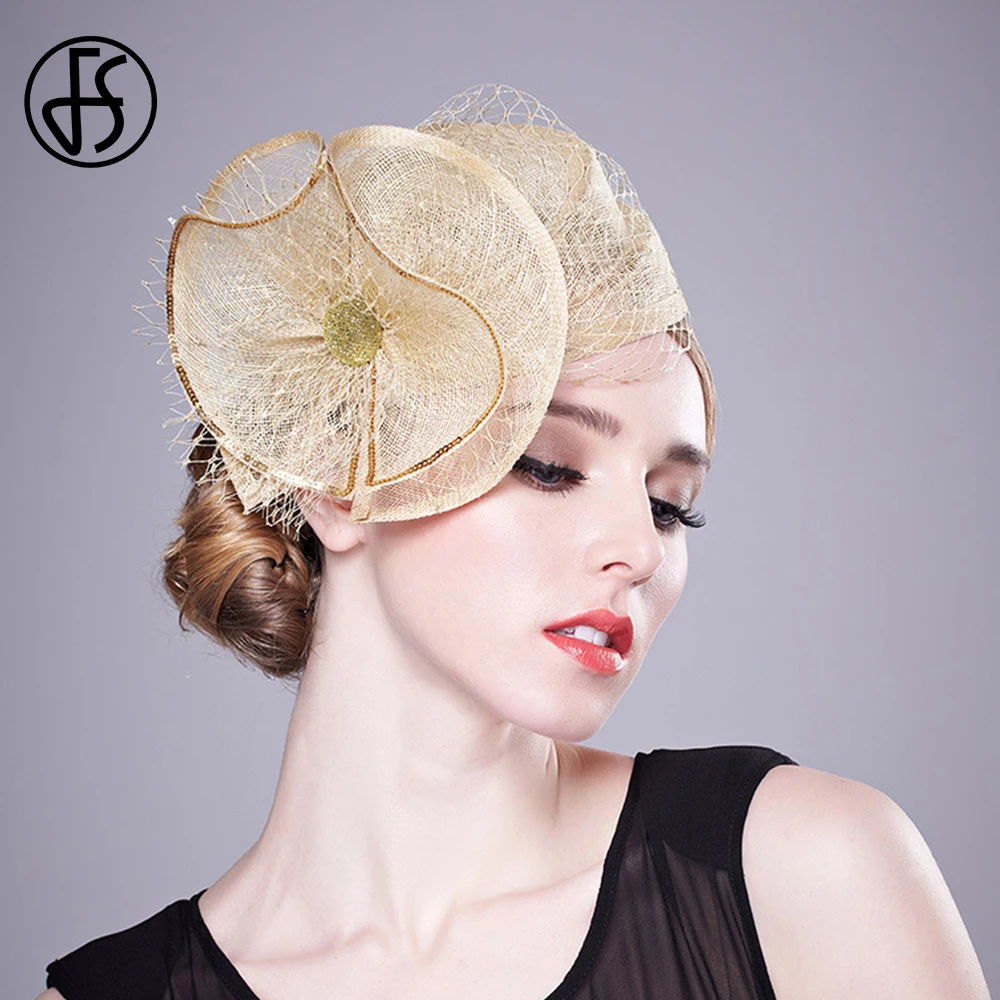 FS Luxury Woman Hat Wedding Ceremony Elegant Church Apricot Kentucky Headdress Ladies Horse Racing Festival Small Top Cap 2024