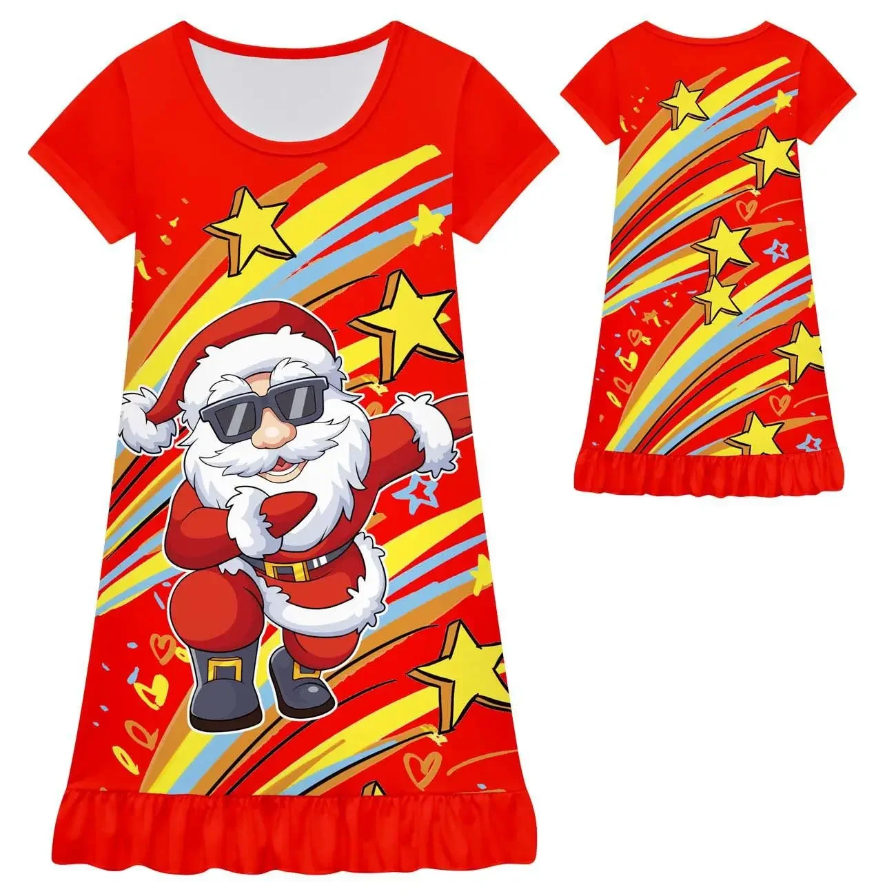 

Kids Girls Xmas Tree Santa Claus Print Princess Short Sleeves Dress Outfit Christmas New Year Cosplay Costume