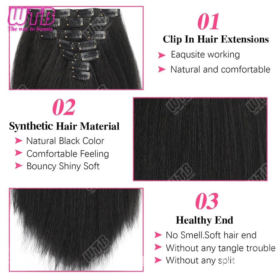 Clip dritta sintetica Yaki nelle estensioni dei capelli 100G 7 pezzi/set parrucchino sintetico per capelli neri naturali per le donne