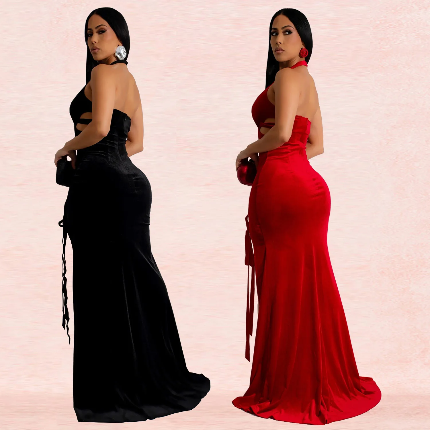 Bandage Velvet V Neck Dress Lady Party Bodycon Evening Dresses Women Elegant Luxury Maxi Long Hollow Out Prom Red Black Dresses