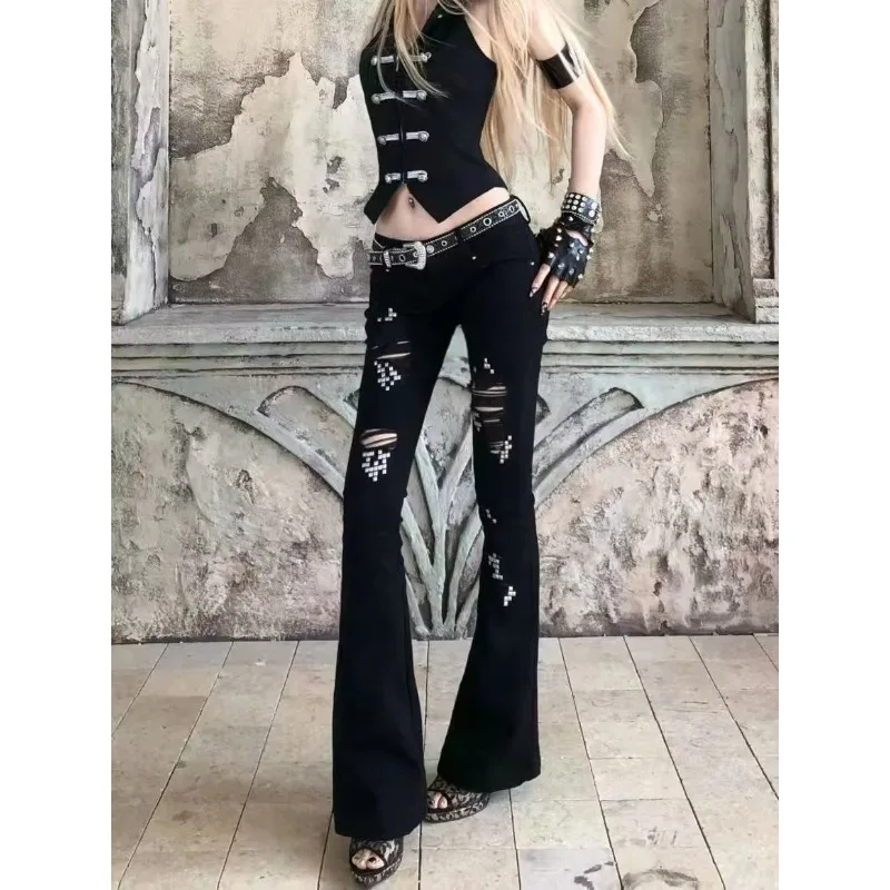 Y2K American Vintage Black Studded Ripped Wing Embroidery Low-Rise Straight-Leg Women's Jeans Slim Fit Skinny Casual Pants