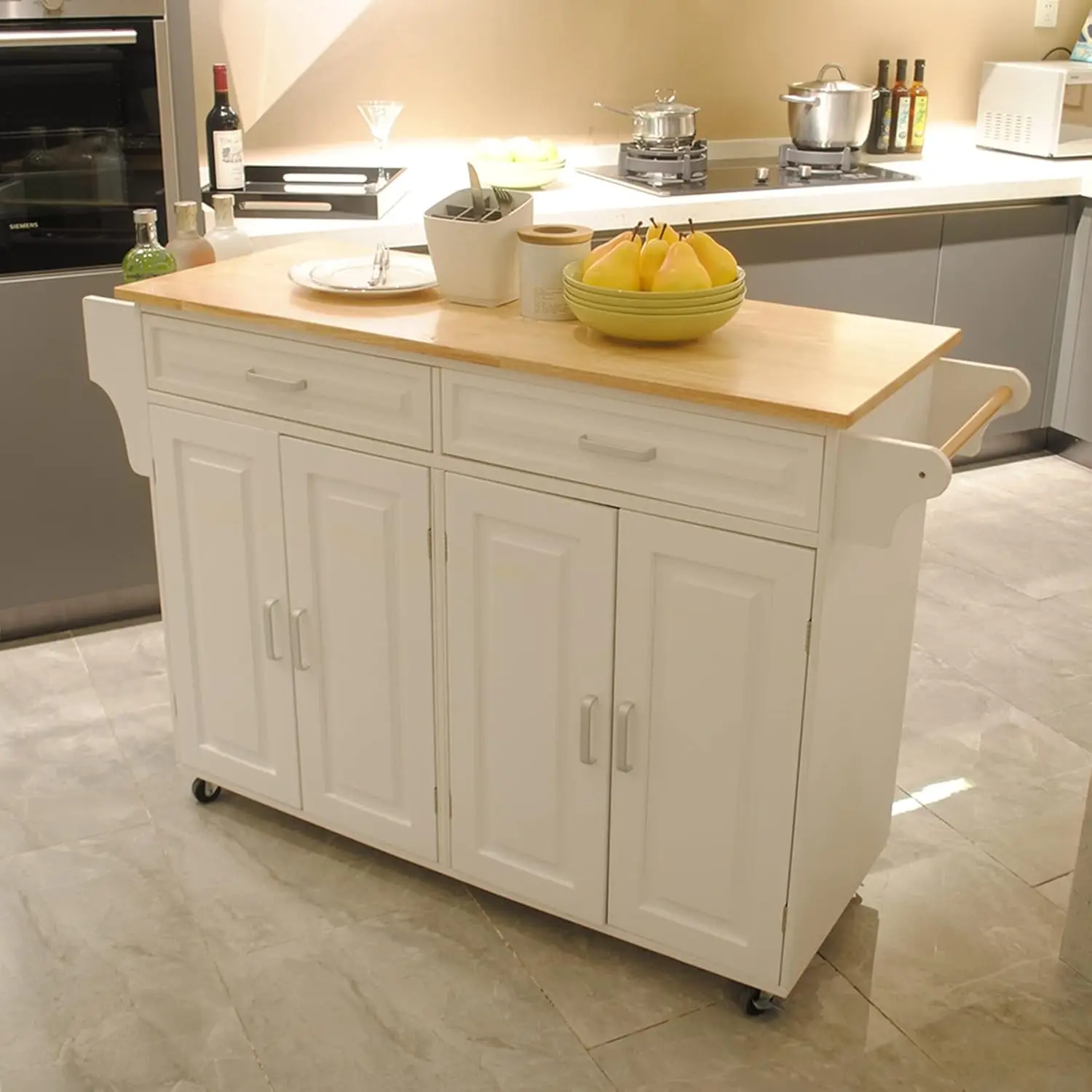 Kitchen Island Cart with 2 Drawers and 2 Storage Cabinet, Kitchen Island on Wheels Portable Rolling Kitchen Island