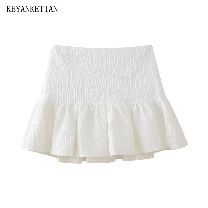 KEYANKETIAN 2024 New Launch Women's Textured Fabric Effect Mini Skirt Tiered Ruffles Sweet Zipper High-Waisted A-Line Skirt Y2K