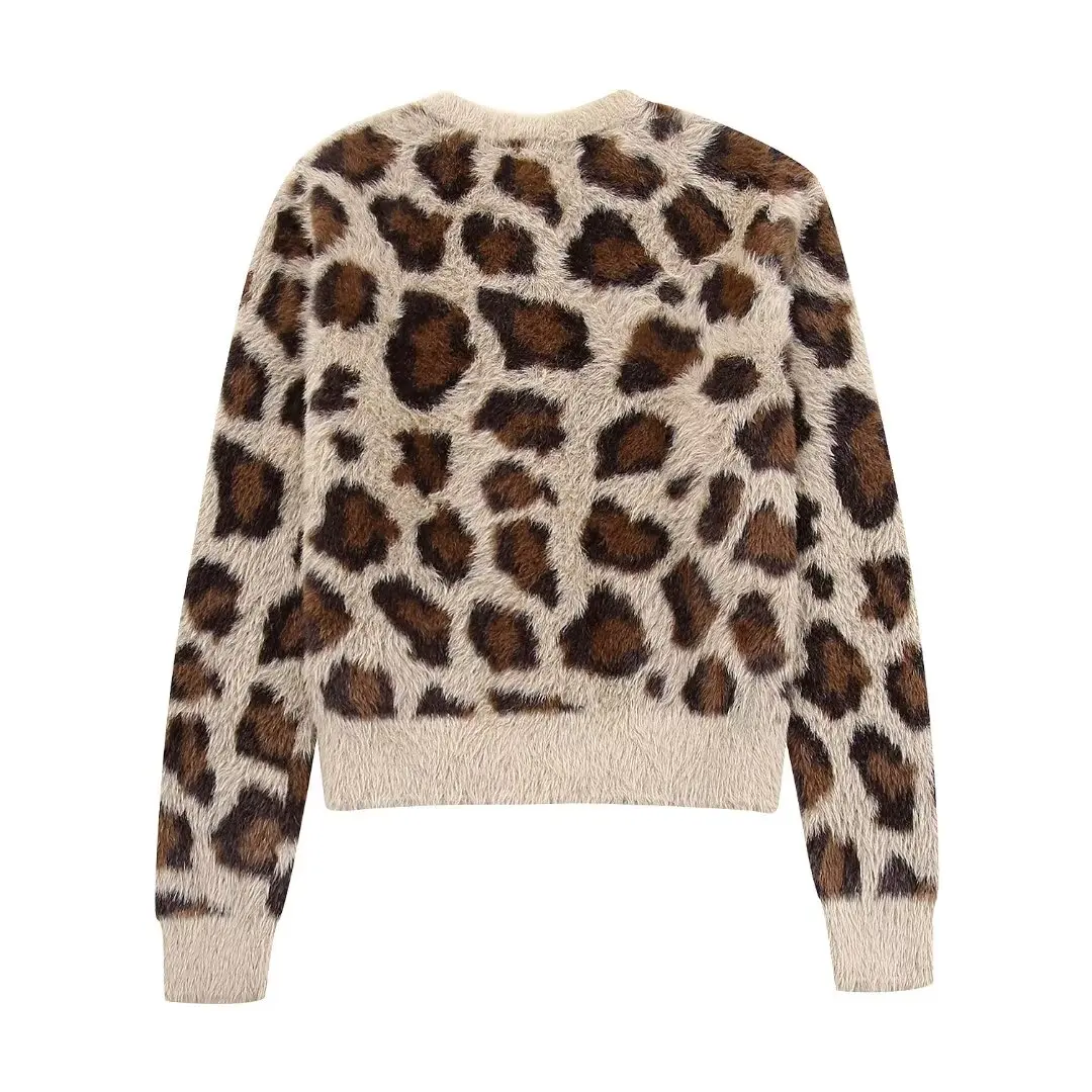 TRAF Women 2024 Autumn and Winter New Fashion Animal Print Knitted Cardigan Chic Round Neck All-Match Button Coat Mujer