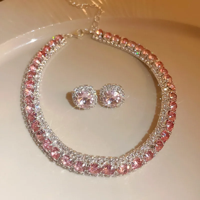 FYUAN Luxus Halskette Ohrringe Sets Grün Kristall Halskette Frauen Hochzeiten Braut Schmuck Zubehör – Detail 7