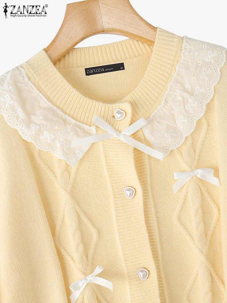 ZANZEA Maglioni accoglienti patchwork in pizzo da donna Sweety Bow dettaglio girocollo manica lunga maglione cardigan con bottoni FW 2025 Nuovo