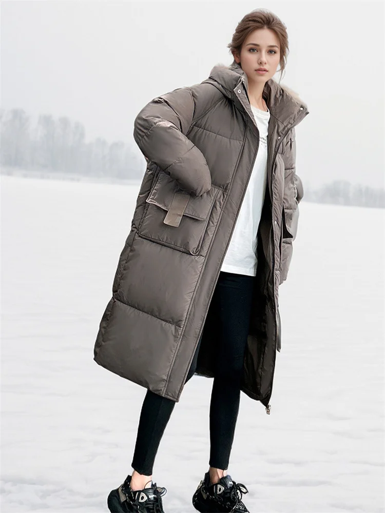 2024 New Woman Down Jacket Winter Long Coat Hooded Big Pockets Fashion Warm Thick Zipper Coat Woman Winter Overcoat