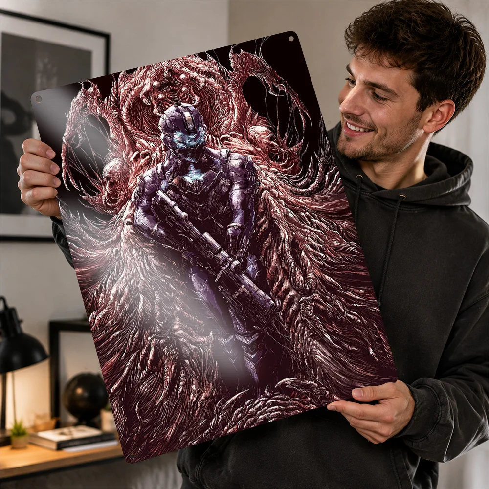 Isaac Clarke and the Necromorph Personalized 3D Textured Metal Poster Wall Art Tinplate Sign for Decor Living Room Wand Deko