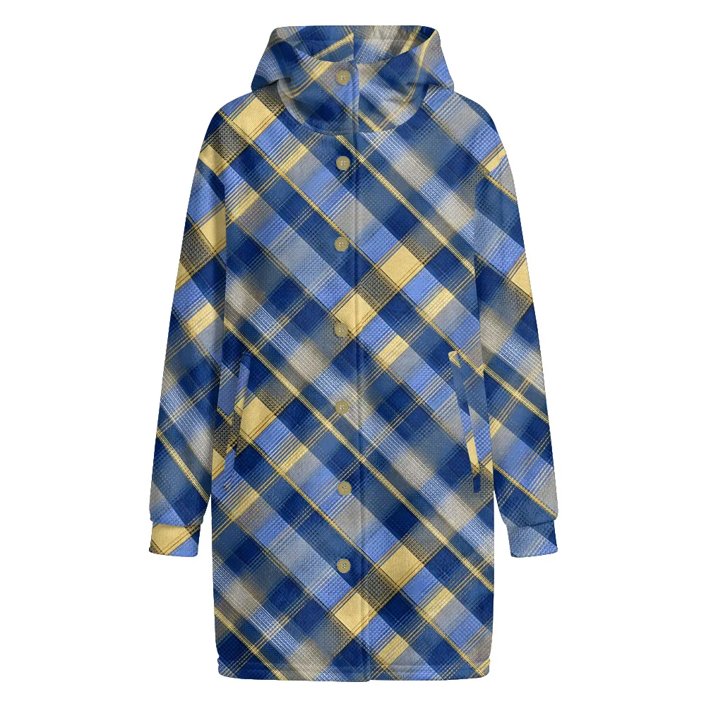 

Classic Black Gold Plaid Hooded Trench Coat Round Buttons Side Pockets Versatile Long Sleeve Outerwear for Casual Chic Style