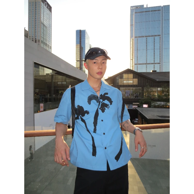 

Новая летняя гавайская рубашка с кубинским воротником и оригинальным принтом в отпускном стиле, модная синяя рубашка с короткими рукавами для мужчин