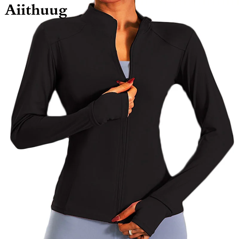 Aiithuug Women\'s Long Sleeves Sports Running Shirt Breathable Gym Workout Top Women\'s Yoga Jackets with Zipper with Finger Holes