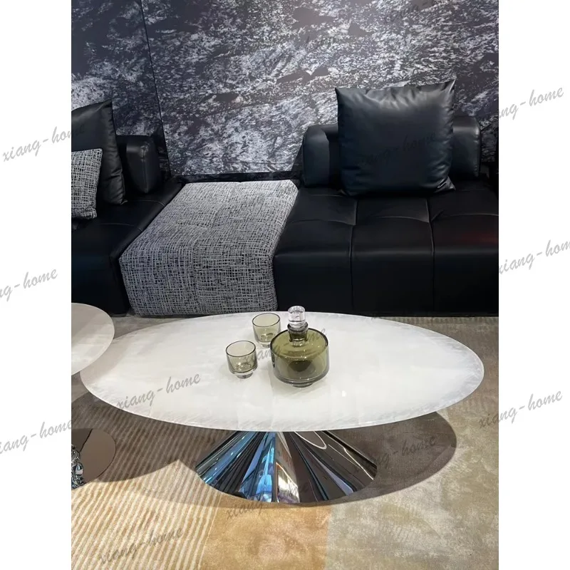 YJ  Oval Glacier Stone Coffee Table Set, Italian Minimalist S White Jade Table, Heat Resistant & Translucent, Master Design