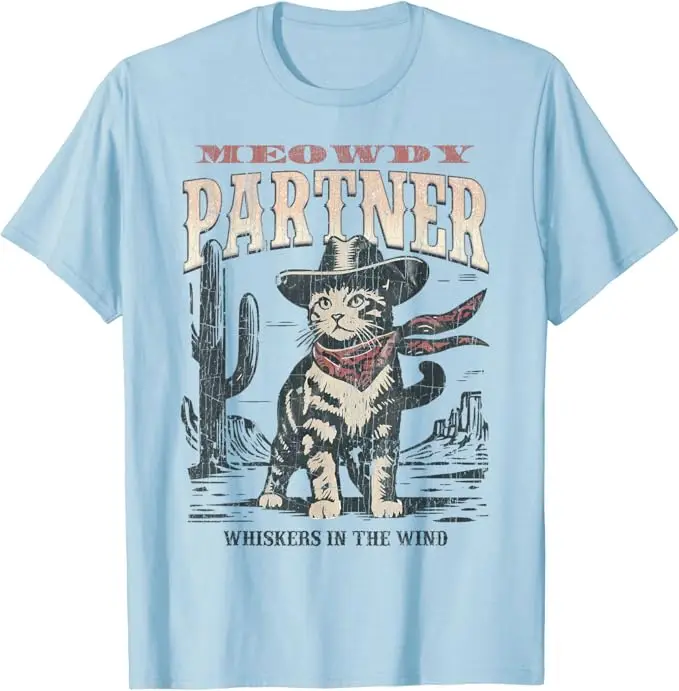 Meowdy Partner Cowboy Cat Vintage t-shirt umorismo Funny Westerns Kitty Lover Graphic Tee manica corta Kitten Clothes novità regali