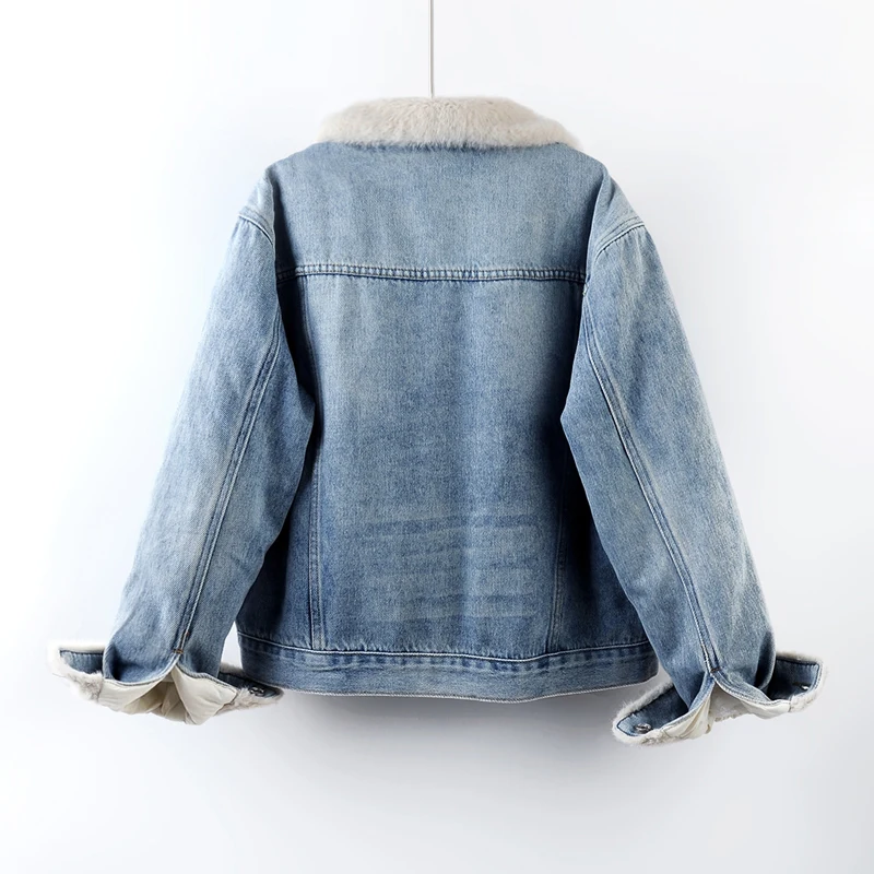 شتاء جديد فو الفراء خفيفة الوزن أسفل بطانة المرأة الضوء الأزرق قصيرة الدنيم سترة عادية التلبيب كم طويل أنثى كاوبوي ملابس خارجية #2