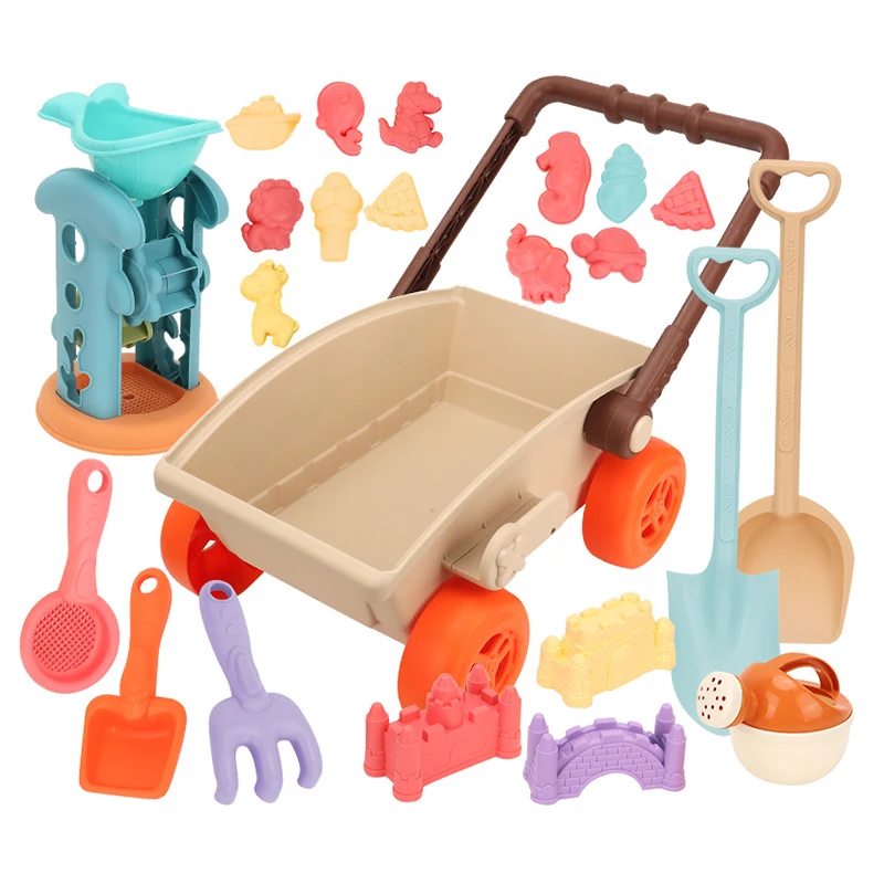 23 pçs conjunto de brinquedos de praia para crianças carrinho crianças dobrável balde de areia pás conjunto saco de malha moldes de areia sandbox para criança