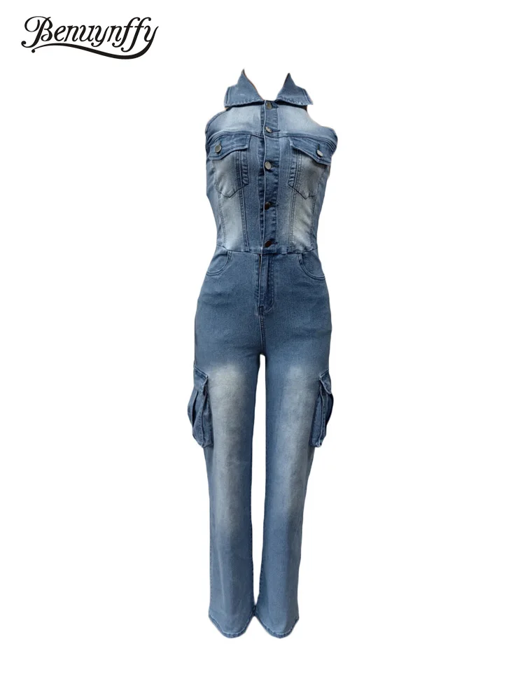 Benuynffy Half Button Halter Cargo Denim Jumpsuit Women's Streetwear Sexy Backless Sleeveless Slim-fit Elastic Straight Jumpsuit