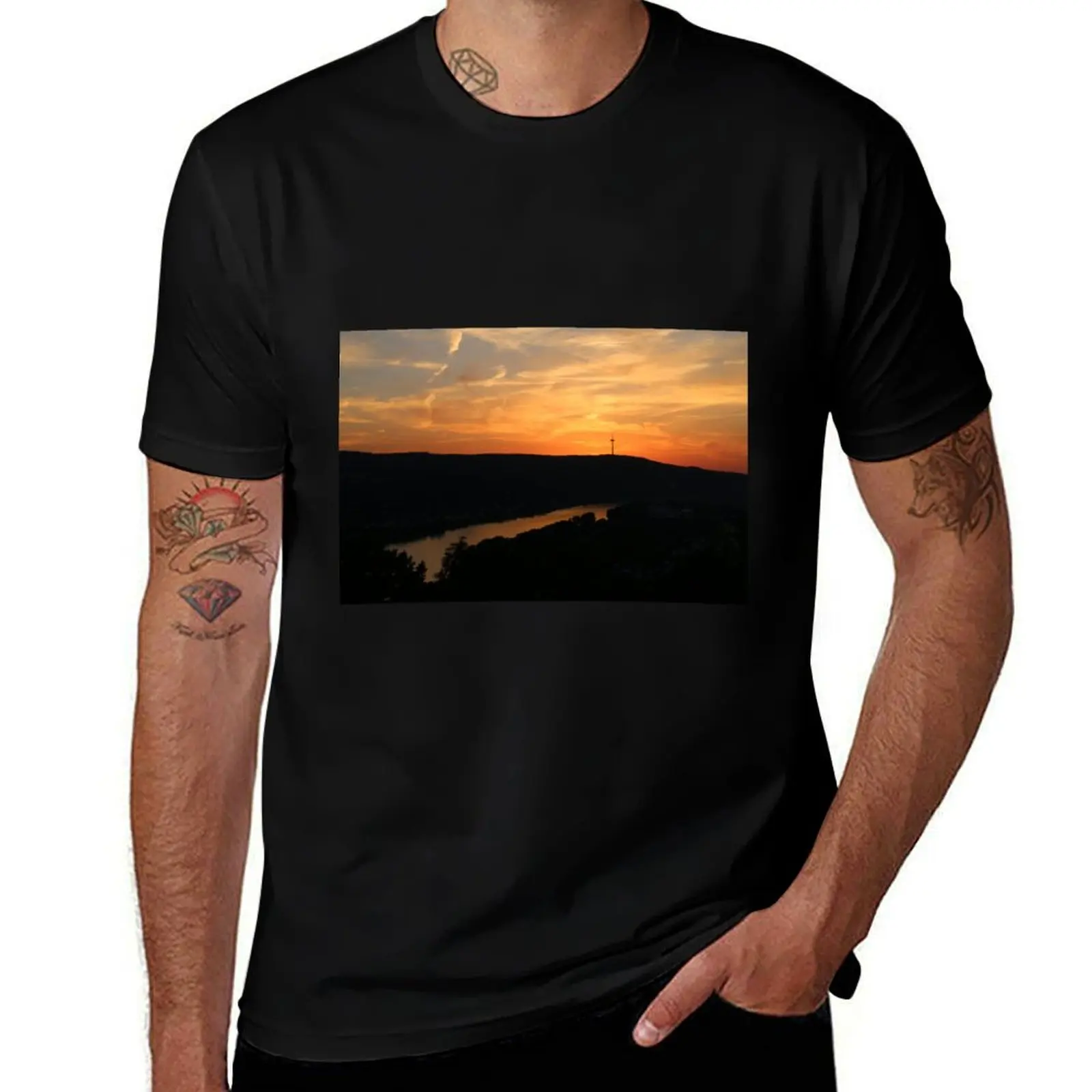 Sunset over the Rhine River, Germany T-Shirt Comfortable Basic Crew Neck Tee