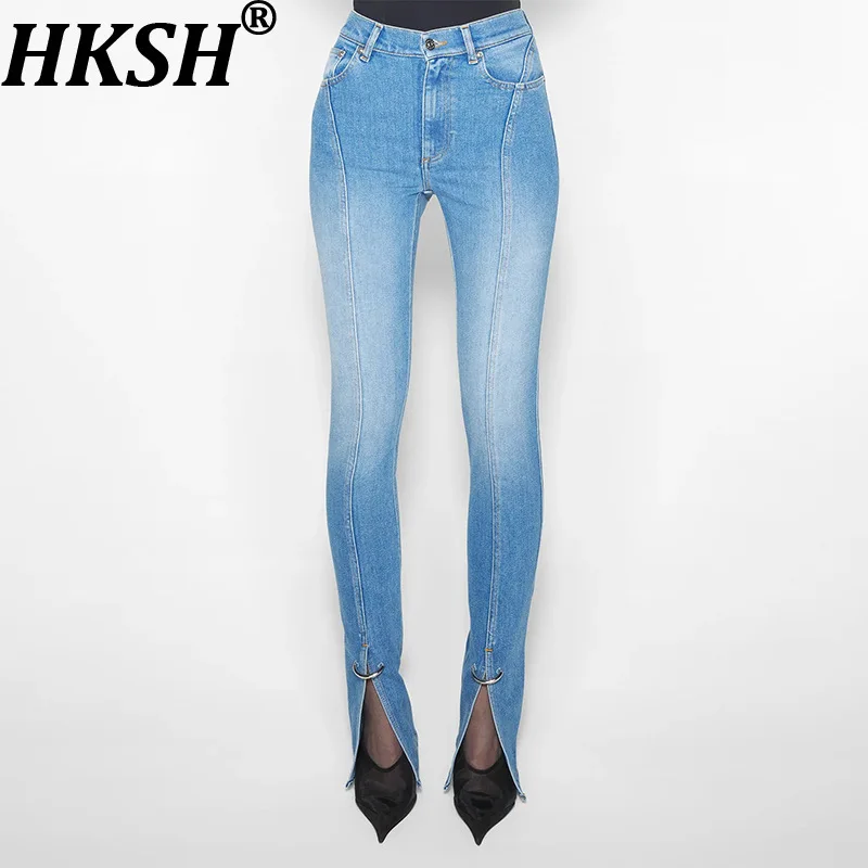 Hksh primavera outono novas mulheres jeans fino ajuste divisão angustiado lavado denim retro high street elegante moda lápis calças hk17858