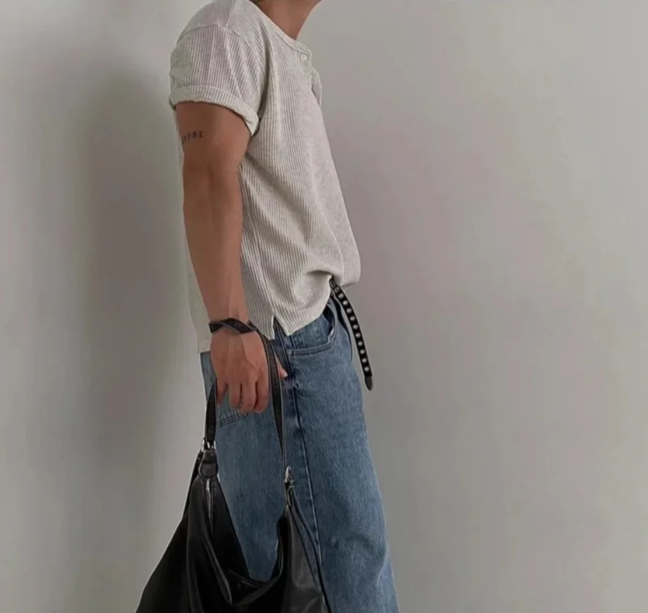 Trendy Button-up Crew Neck Men's T-shirts Summer Clothing Men Vintage Solid Color  Tops Mens Casual Short Sleeve Pullover