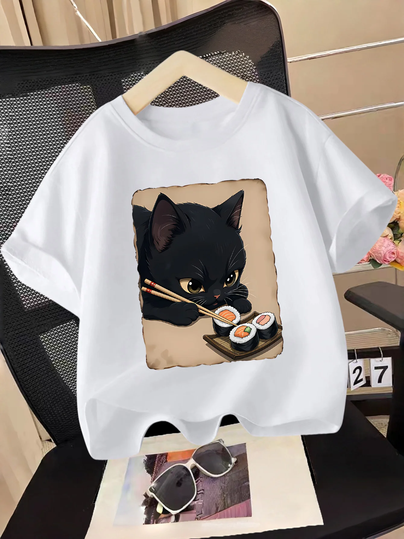 Cute Black Cat Sushi Cartoon Animal Vintage Frame Graphic Print T Shirt Family Matching Boys Girls Kids Short Sleeve Daily Tees