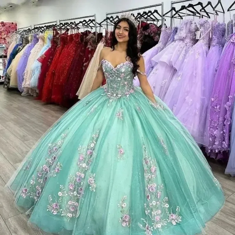 Vestidos De Quinceañera De princesa con escote corazón menta, hombros descubiertos, apliques 3D, vestido De baile De 15 años, fiesta De princesa dulce 16