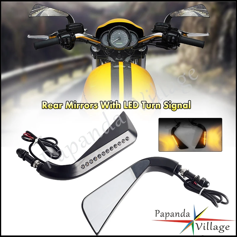 For Harley Dyna Fatboy Softail Sportster XL883 1200 Motorcycle Sickle Rearview Side Mirror W/LED Flowing Water Turn Signal Light