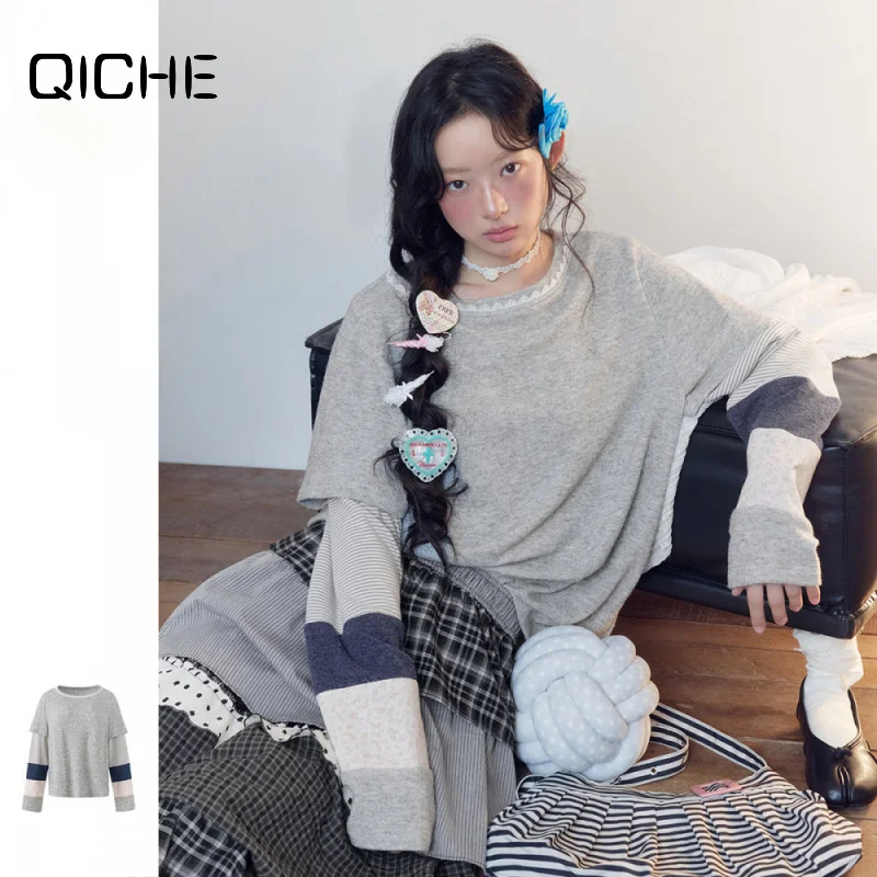 QICHE Women Korean‑College‑Style Spliced Fake Two‑Piece Lace Trim Layered Crew‑Neck Sweatshirt T‑Shirt Outer Top