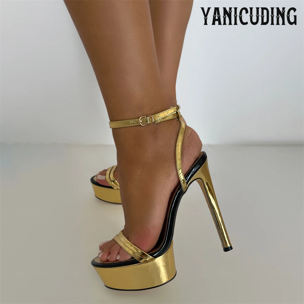 Metallic Patent Leather Platform Sandals Concise Style Sexy Summer Sandals Round Toe Buckle Leather Stilettos Customizable Color