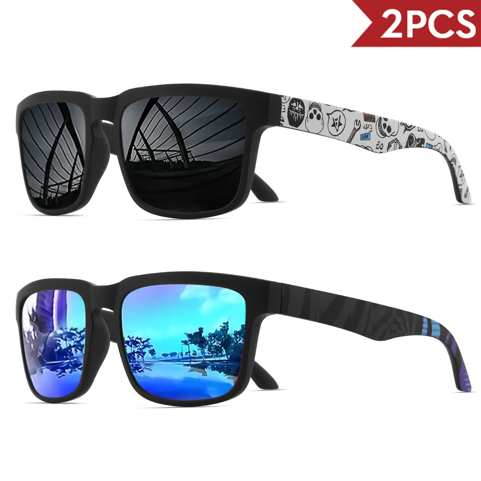 2 quadratische Sport-Sonnenbrille mit Designer-Tempelmuster – UV400 für Männer und Frauen, Strandurlaub
