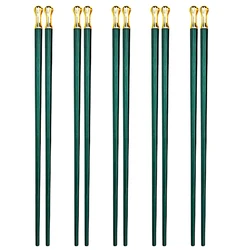 5Pairs Green Gold Alloy Chopsticks Set Korean Food Sushi Chopsticks Reusable Non-slip Chopsticks For Home Party Hotel Restaurant