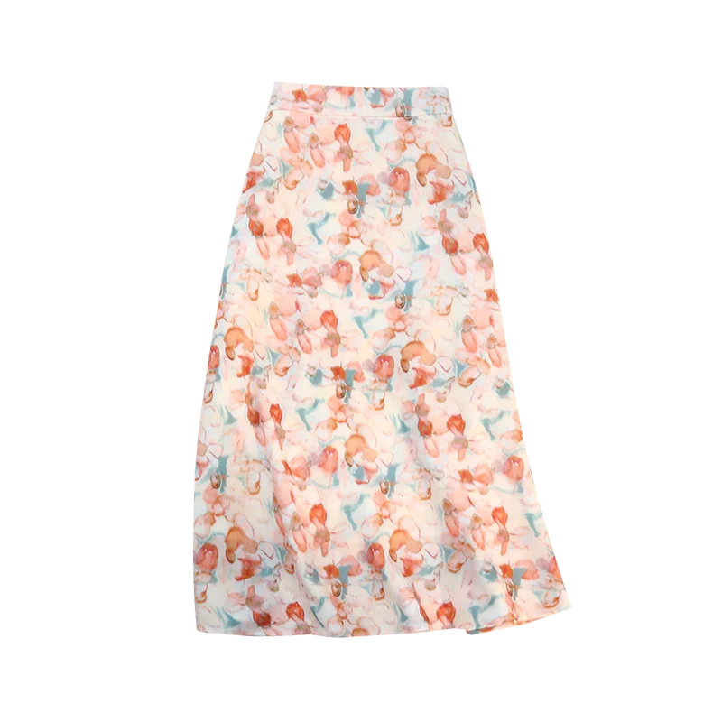 Seoulish-faldas florales de gasa para mujer, faldas de línea a de longitud media con estampado de pintura al óleo, cintura elástica, novedad de verano, 2024