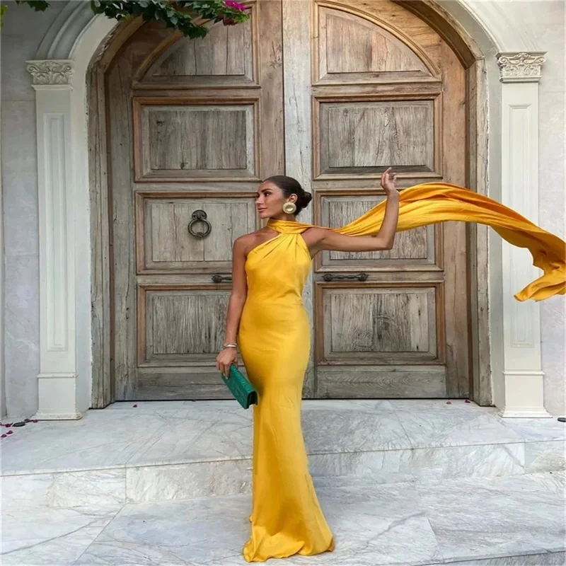 

Yellow Elegant High Neck Evening Dress 2024 Black Girls Prom Dresses for Graduation Party 2024 African Women Long Formal